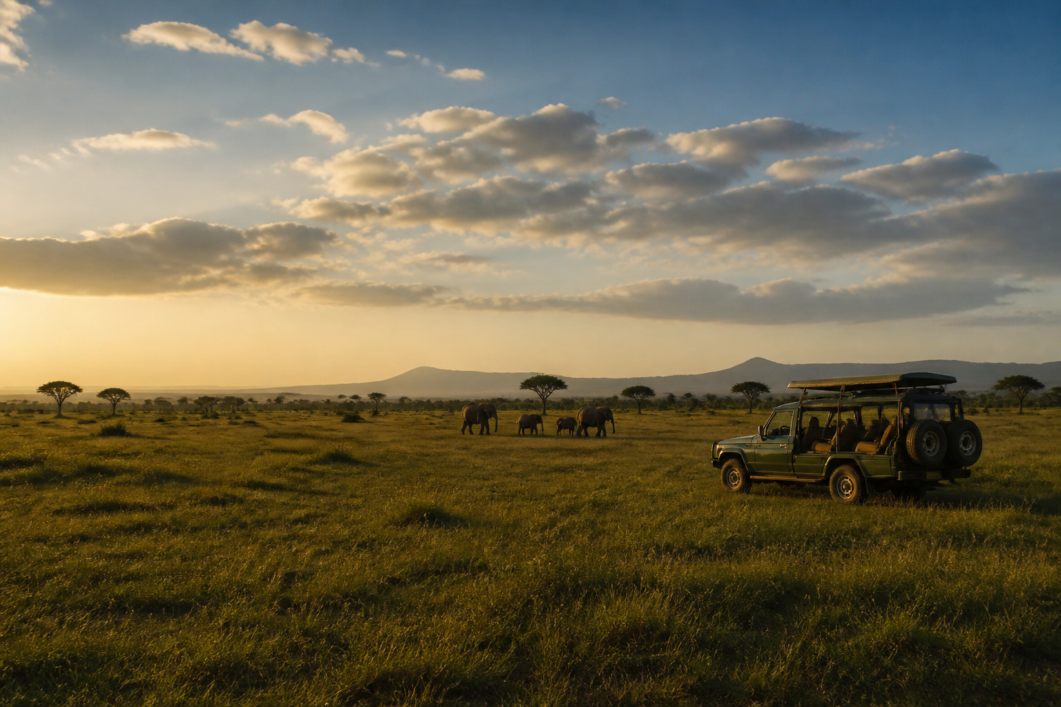 Safari vehicle and elephants in the Serengeti